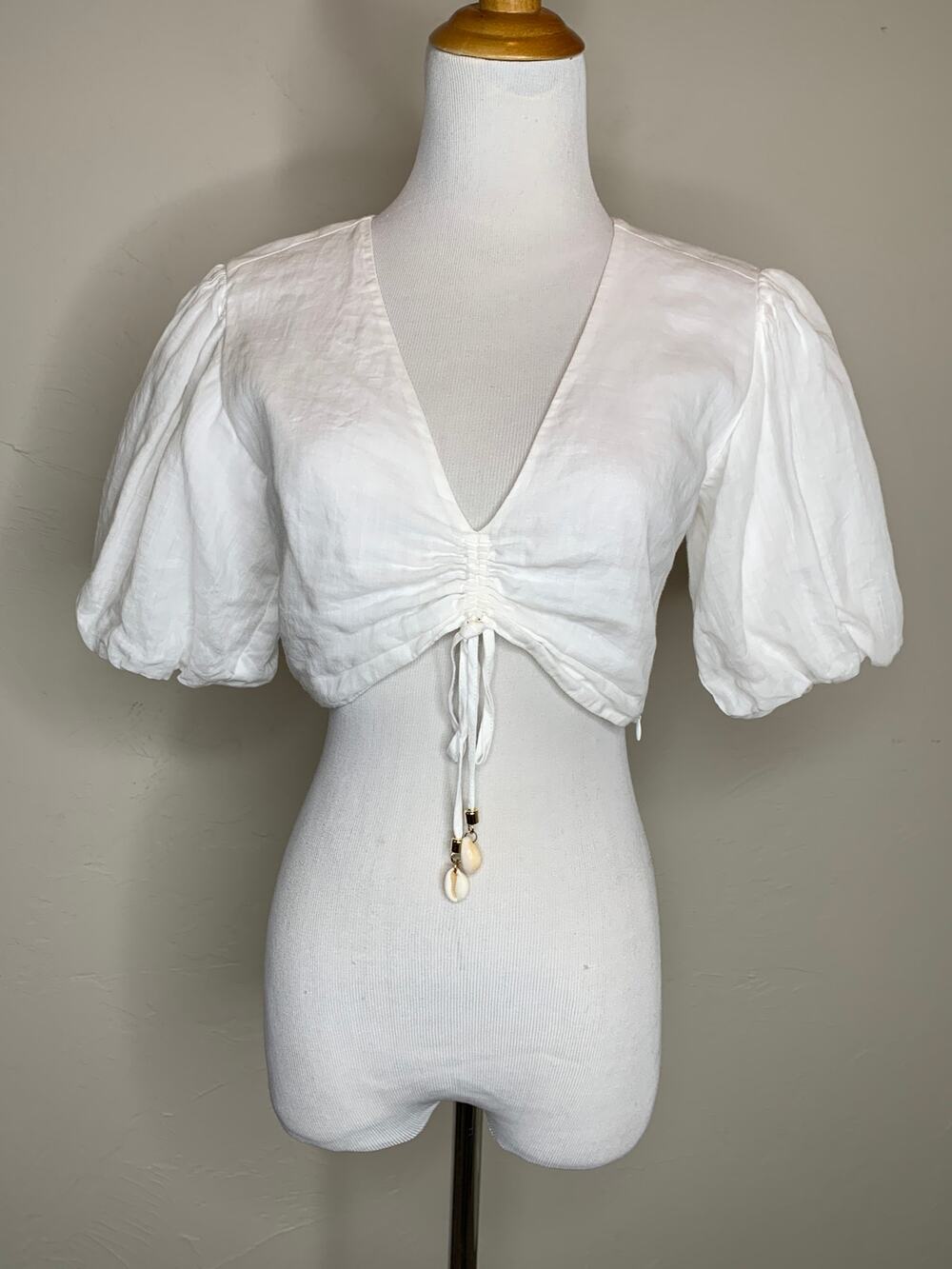 White Cropped Shell Tie Puff Sleeve Top Hansen & Gretal Sz Small